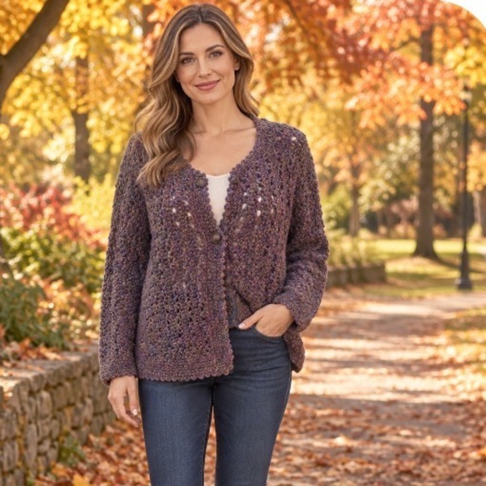 Handmade Crochet Cardigan Sweater Purple Open Knit Button Front Boho Sz